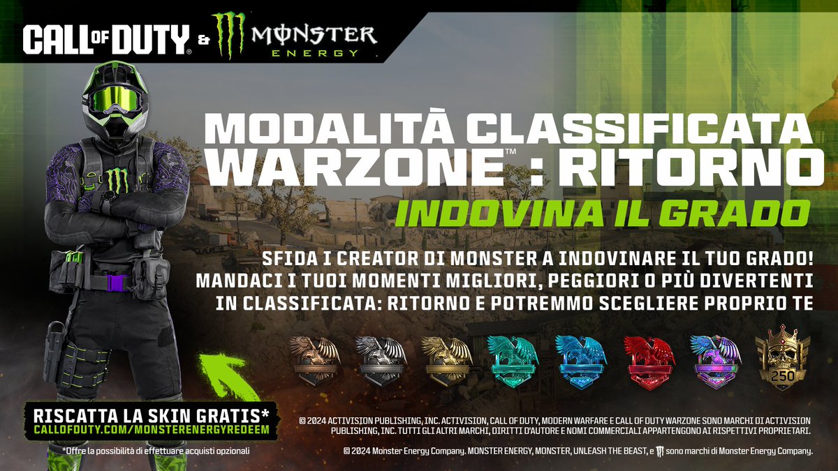 CallofDutyIT's tweet photo. Sfida @Aydan o @HusKerrs a indovinare il tuo grado in Ritorno 🤔
👉 Posta una clip taggando @callofduty, @monsterenergy, #CODMonsterPlays e con la tua divisione abilità
✅ In Classificata: Ritorno su Fortune's Keep con la skin Monster
Riscatta la skin ➡️ https://t.co/LFun417HM8 https://t.co/wsL0i4LulW
