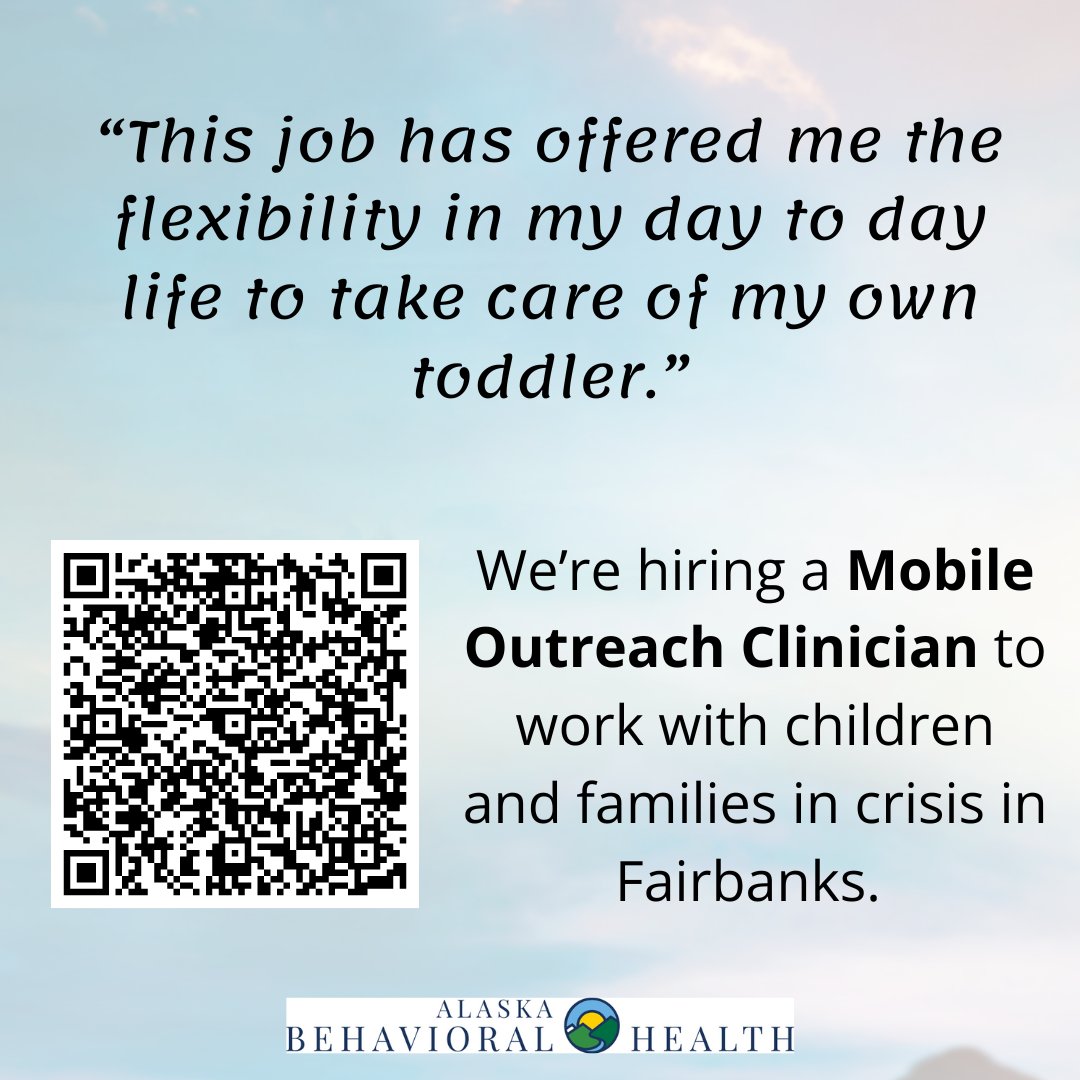 We're hiring a Mobile Outreach Clinician in Fairbanks! Respond to children and families who are experiencing a crisis. The position offers a flexible schedule that has been perfect for one new mom.  loom.ly/5cCnSOA

#hiring #mentalhealth