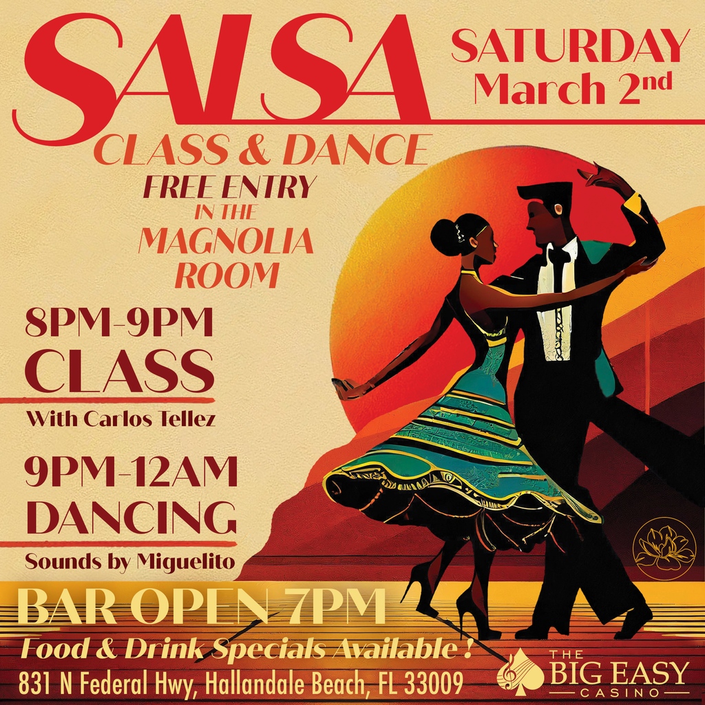 Join us on March 2nd for an exhilarating evening filled with rhythm and moves. DJ Miguel will warm us up 7 PM-8 PM. Then, our fantastic dance instructor Carlos Tellez from Salsa Heatwave will kick off the night from 8 PM to 9 PM with a salsa lesson!

#bigeasycasino #salsa