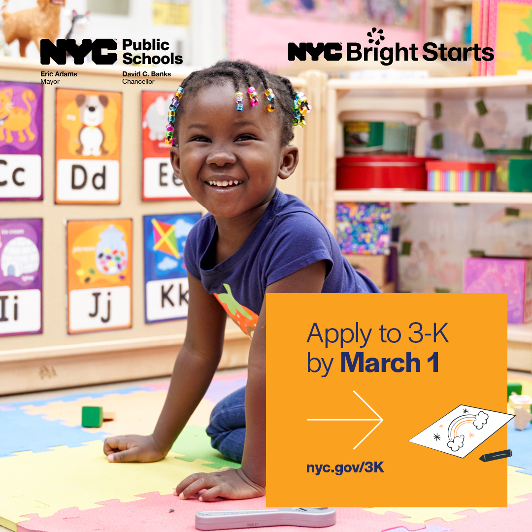 Attention NYC! 3-K applications close on March 1. 🎒 Families can apply to any school across NYC, with priority to attend 3-K in the district they reside in. Learn more: on.nyc.gov/2WwQLdb