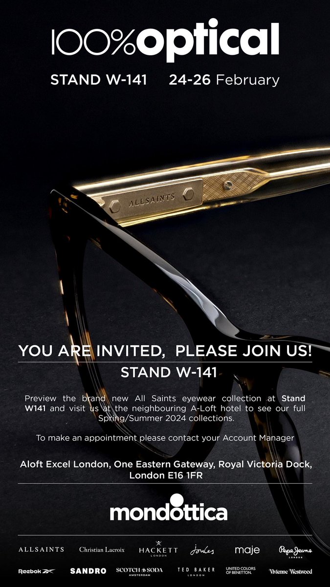 Can’t wait to showcase the all new ALLSAINTS Eyewear collections this weekend at @100Optical on Stand W-141 & in the ExCel London! 

For appointment to see the collection please message, call or email me!

#AllSaints #MondotticGroup #AllsaintsEyewear #Eyewear #100optical