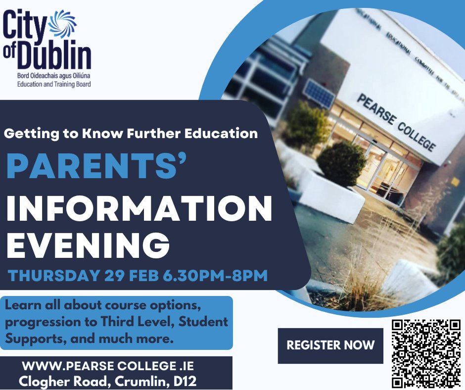 Are you a parent of a fifth or sixth year student? Looking for alternative options to the CAO points race for your children? Learn about the benefits of FET &amp; progression routes to FE at our Parents' Evening, 29 Feb. Register at forms.office.com/e/hYDGQtJTf2