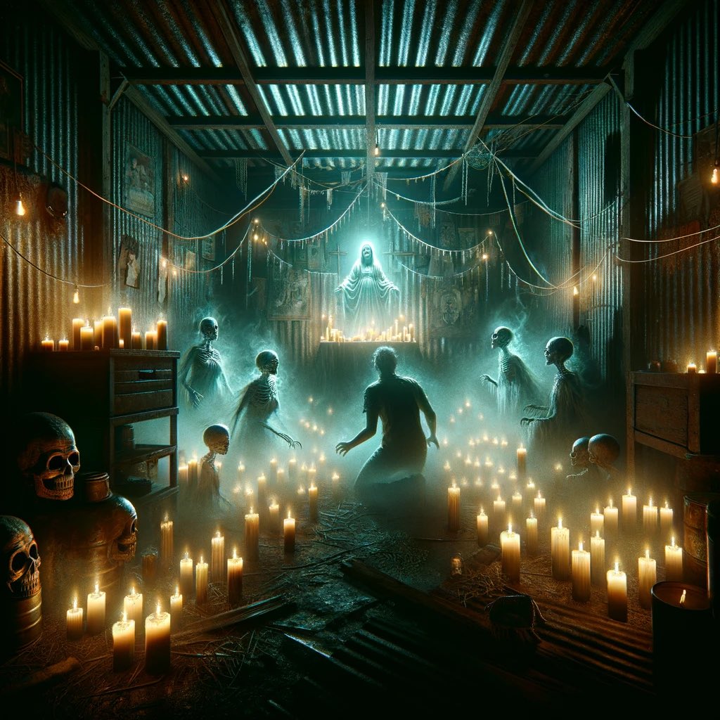 Nachokeys21's tweet image. #vsshorror #HorrorPrompt
“Idols”

Electric candle glow
Flickers Santa Muerte’s altar
Room’s corrugated shell
Whispering souls saunter
Listless as they’re summoned

Power cuts in and out
Shadows dancers tell truths of hell
My cold skin goes numb and
My fear I fail to quell
I shout