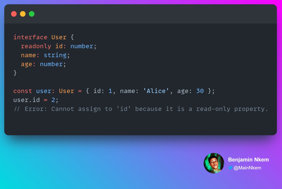 MainNkem's tweet image. 🎉 #TypeScriptTip: Leverage TypeScript's readonly modifier to create immutable properties! Ensure certain object properties remain unchanged after initialization, enhancing code reliability.
Make your code more robust with immutability! 💪🔒 #TypeScript #ImmutableProperties