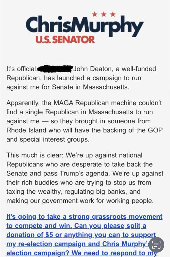 🚨SCOOP: @SenWarren is in email overdrive mode to her donor base, asking for their support to help protect her Senate seat from @JohnEDeaton1. The Massachusetts incumbent is even rallying fellow Democratic senators like @ChrisMurphyCT to send messages to his own donors on…