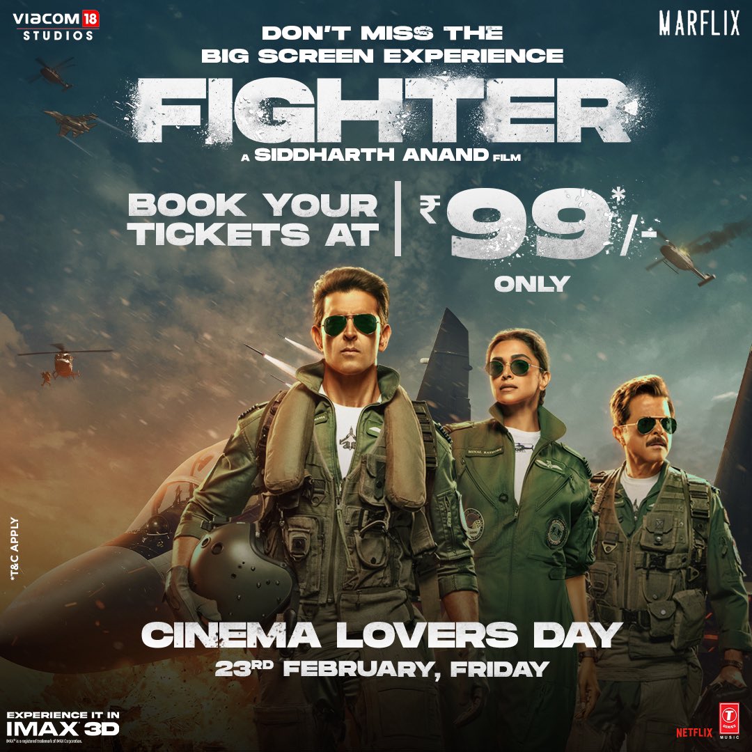 iarpanhr's tweet photo. This is it👌☺️ Your last opportunity to catch best ever aerial big screen experience of Indian Cinema ✈️ Book your seats now : https://t.co/tUOB8S4jpF
#HrithikRoshan𓃵 #DeepikaPadukone #FighterBlockbuster #FighterMovie #Fighter https://t.co/t0Th4sUJ8b