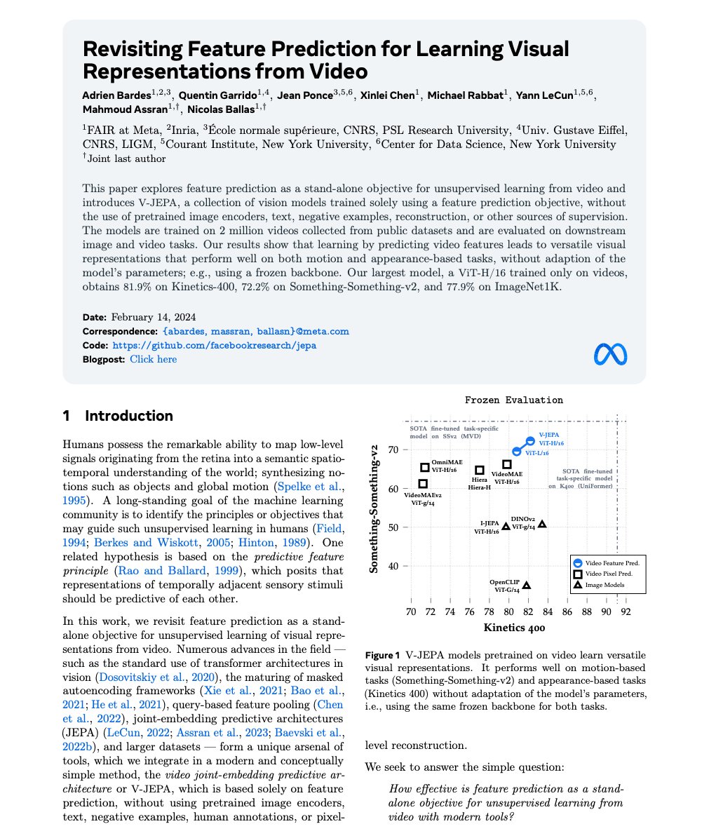 We believe that V-JEPA is an important step on the path to advancing machine intelligence. As part of our continued support of responsible open science, we've published a paper outlining this work for the research community.

V-JEPA research paper ➡️ bit.ly/4bNZz56