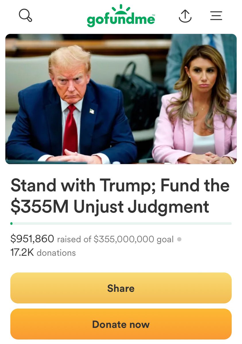 yazzy1967's tweet photo. @OccupyDemocrats He's close to a million on his go fund me account. He ain't gonna make it 😂 https://t.co/WLBZh8F8pQ