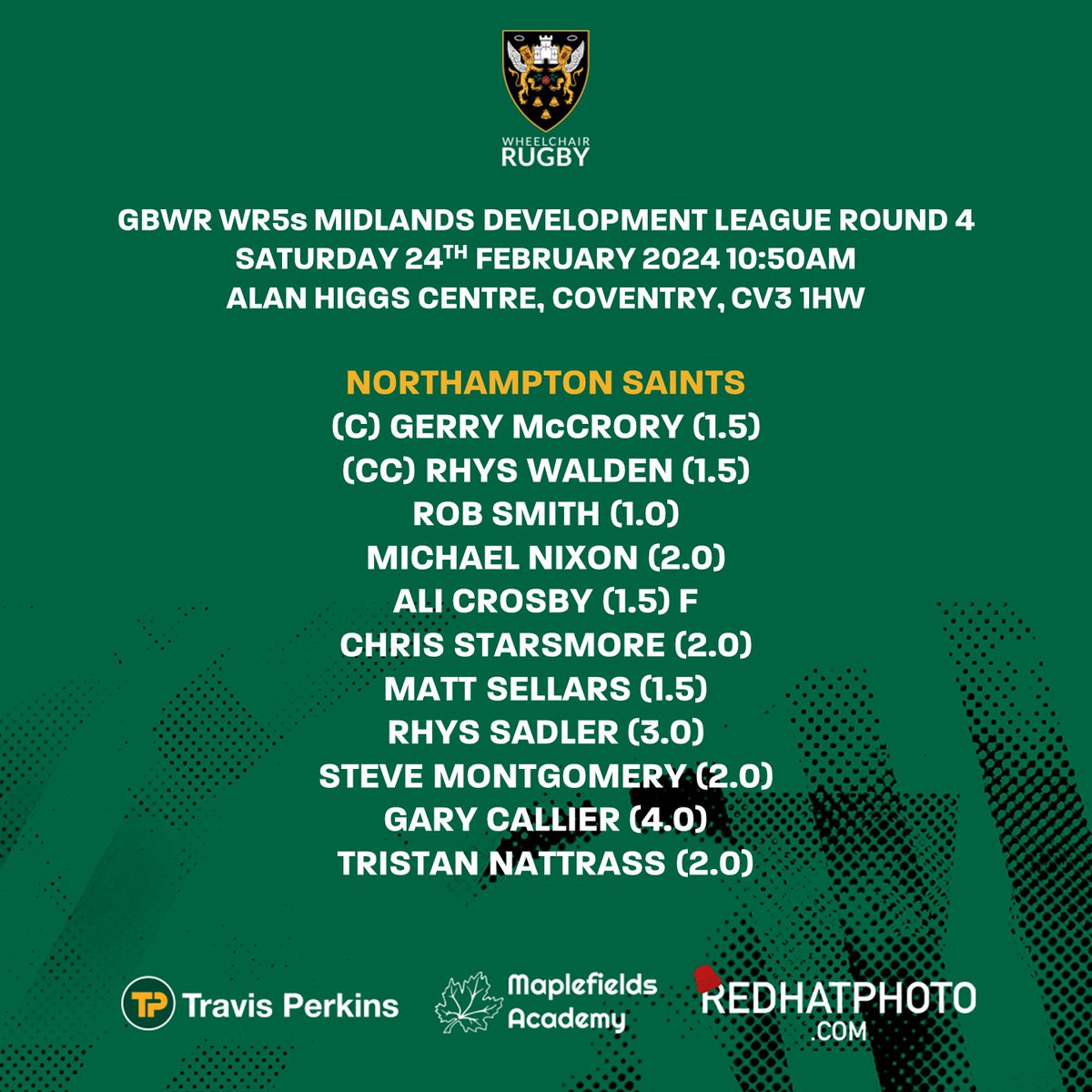 Our Saints WCR Team for Saturdays <a href="/gbwrnews/">Great Britain Wheelchair Rugby</a> #midlandsdevelopmentleague 🏐

Tip off at 10.50am.

With thanks to our community Partners/Sponsors <a href="/redhatphoto/">Claire Jones</a> <a href="/TravisPerkinsCo/">Travis Perkins</a> <a href="/MaplefieldsAcad/">Maplefields Academy</a> 🤝