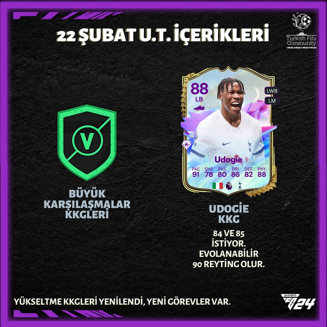 Tonight's #FC24 ​​content...

- Marquee Matchups
- FS Udogie (84 and 85 Squad)

⚽⚽⚽⚽⚽⚽⚽⚽
#FIFA24 #EAFC24
#OyunDünyası #FIFACommunity
#fifacontent #EASportsFIFA
#FIFAChallenge #EAFCGaming
#FIFAPlayers #fifanews #fc24content #future #futurestars