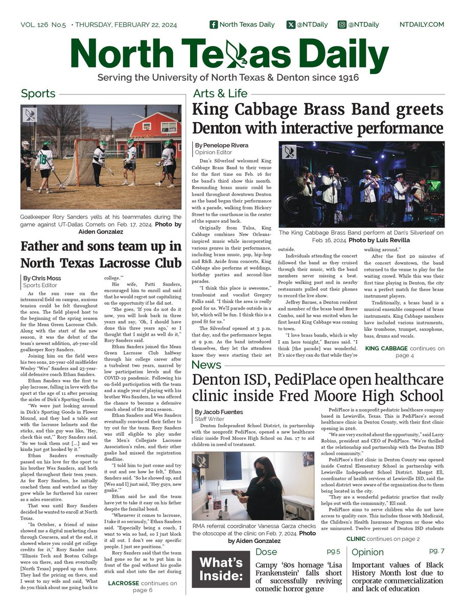 Happy Thursday! In this week's issue, read a piece on the lacrosse club team, a story on King Cabbage's performance last weekend, information on a new clinic at Fred Moore High School and more! Read more: buff.ly/4bFpsEd