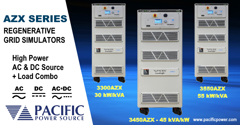 Discover the AZX Series Regenerative Grid Simulators from Pacific Power Source. The AZX combines six modes of operation into a single solution for testing solar or wind inverters, Electric Vehicle Chargers and a host of other green energy technologies. Test high power EUTs with