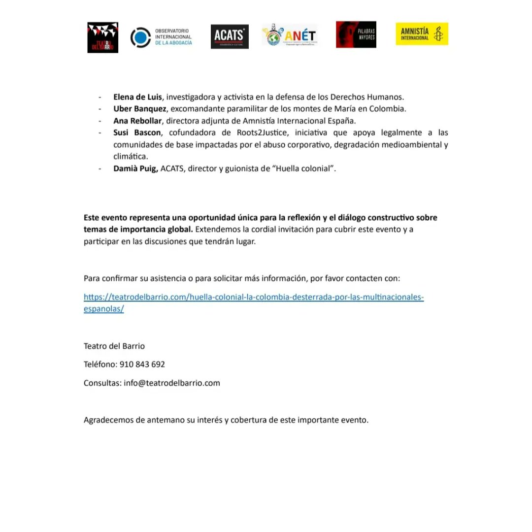 Desterrados (@desterradosdocu) on Twitter photo 🗞 Nota de prensa
👣"La Colombia desterrada por multinacionales españolas".
🎬 No te pierdas el estreno de los 1️⃣0️⃣ primeros minutos de "Huella Colonial".
⚖️ Con la presencia de <a href="/adilmarquez1/">Adil José Melendez Márquez</a>
🗓 27 de febrero 2024
📍<a href="/teatrodelbarrio/">JULIO ANTON</a>
Madrid
🎫 n9.cl/atx21 🗞 Nota de prensa
👣"La Colombia desterrada por multinacionales españolas".
🎬 No te pierdas el estreno de los 1️⃣0️⃣ primeros minutos de "Huella Colonial".
⚖️ Con la presencia de <a href="/adilmarquez1/">Adil José Melendez Márquez</a>
🗓 27 de febrero 2024
📍<a href="/teatrodelbarrio/">JULIO ANTON</a>
Madrid
🎫 n9.cl/atx21