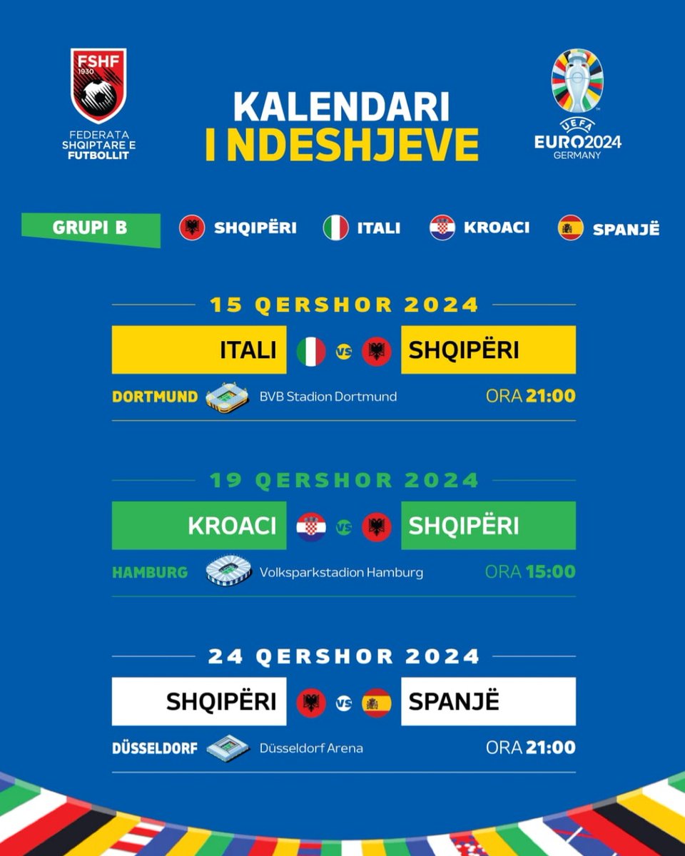 Bardheblu29's tweet photo. #EURO2024 
#Shqiperia 🦅 #Sylvinho 
#Hrvatska #Dalić
#España #DelaFuente
#Italy #Spalletti
#ForcaShqipëri👐
#Kuqezi❤🖤

#Group B

#Italia 🇮🇹 - #Albania 🇦🇱
15.06 #Dormund 21 : 00

#Croazia 🇭🇷 - #Albania 🇦🇱
19.06 #Hamburg 15 : 00

#Spagna 🇪🇸 - #Albania 🇦🇱
24.06 #Düsseldorf 21 : 00 https://t.co/SbwE0zSGDr