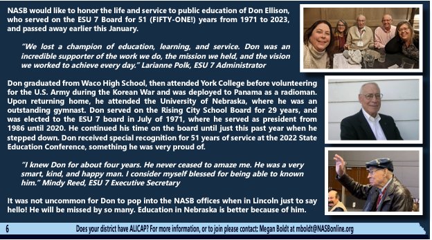 Thank you, Don, for your many years of service to education 👩‍🏫 👩‍🎓 as a Board member locally and @ESU7_NE! You will always be remembered fondly by those who were blessed to know and work with you! ❤️ Thank you @NASBonline for honoring him in recent years! #liveNASB #weLIVEhere