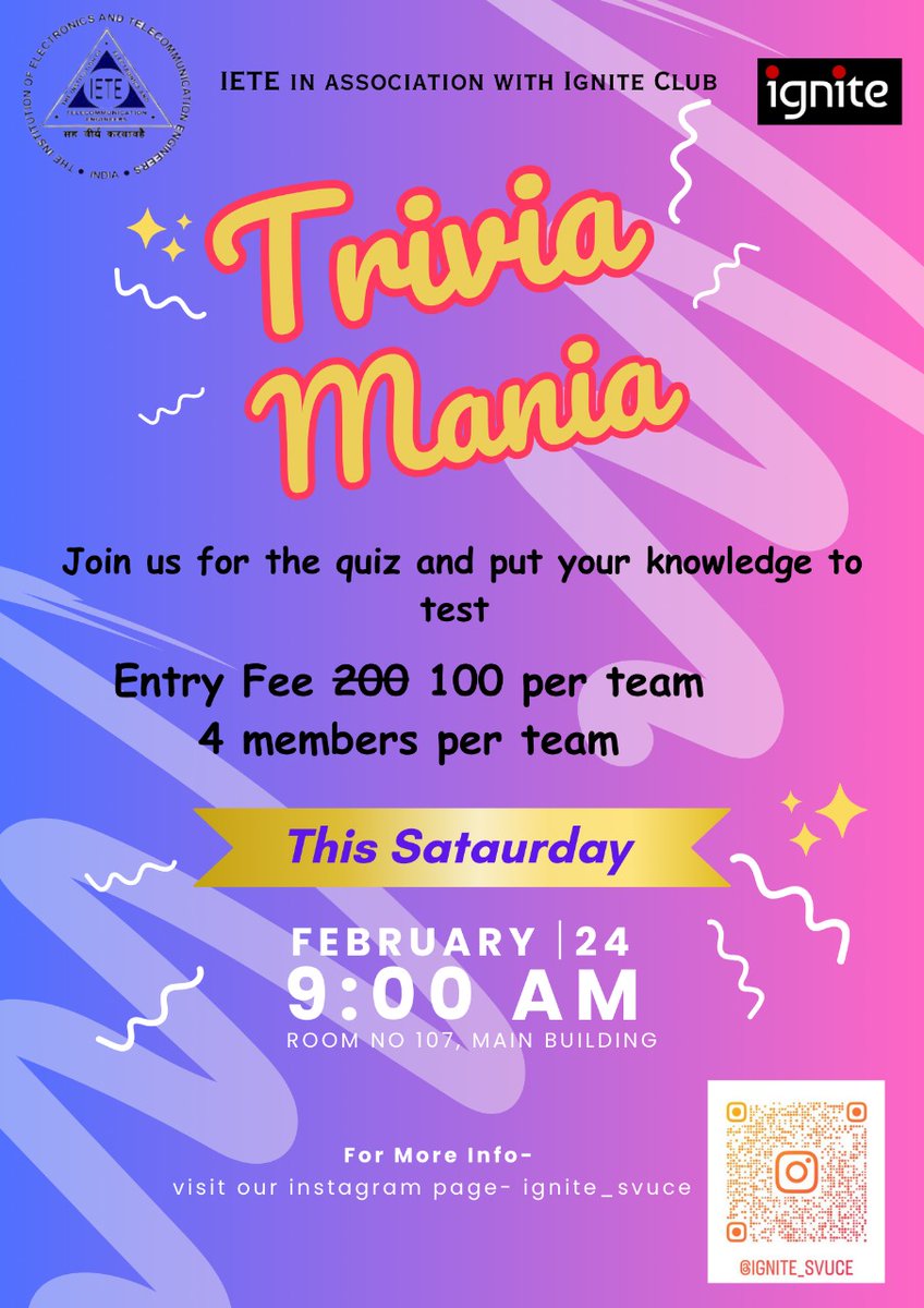 ignite_svuce's tweet photo. We are excited to announce an upcoming quiz event in collaboration with IETE and hosted by IGNITE Club! This quiz promises to be a fun and engaging experience, filled with intriguing questions and exciting challenges.
For registration wist below website
https://t.co/SqribgoL48 https://t.co/dB3Alrmsow