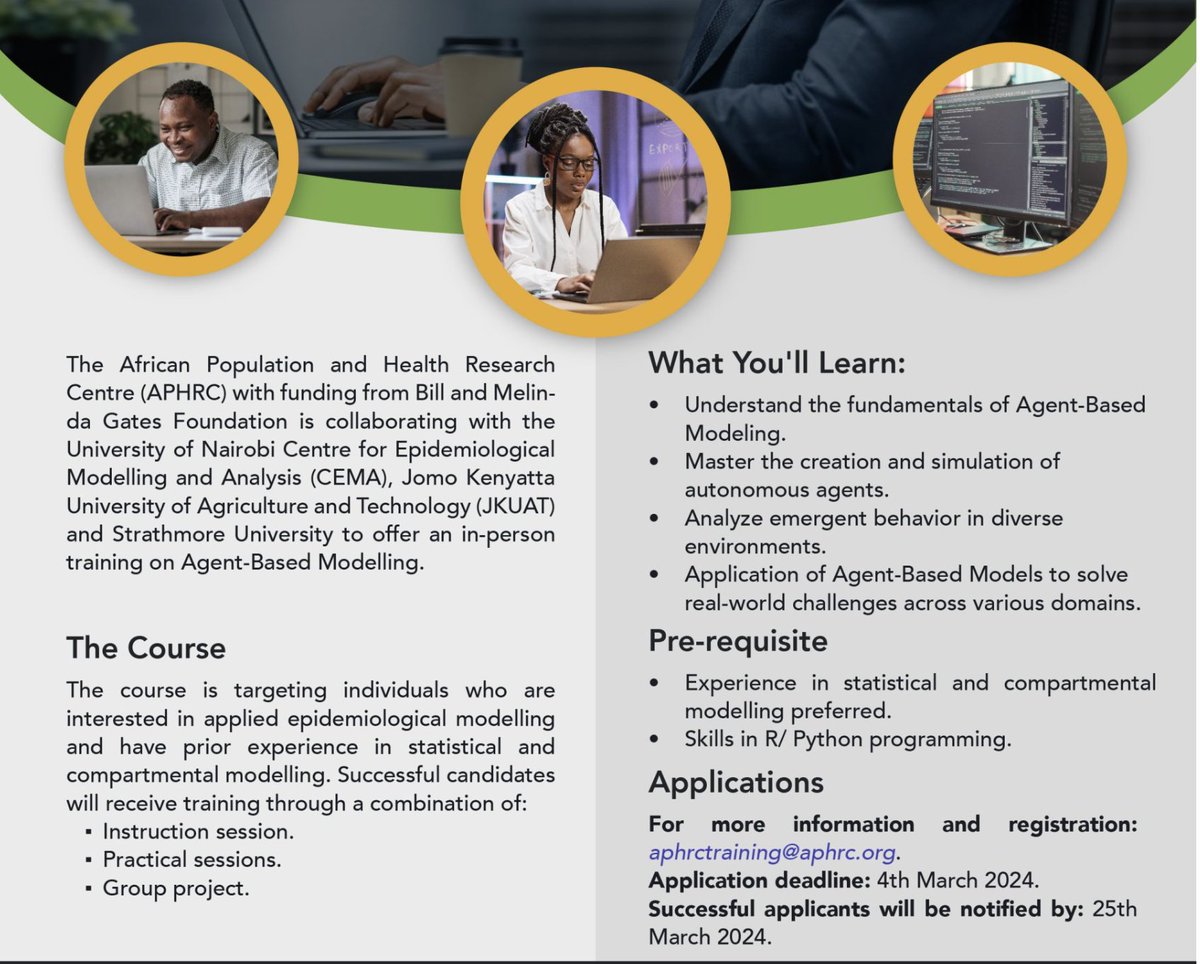 CEMA-Africa (@cema_africa) on Twitter photo Research is creating new knowledge.
We have a collaborative course on Agent-Based Modelling.
Please Apply:
buff.ly/3T4NIIv
Deadline: 4th March 2024
<a href="/aphrc/">APHRC</a> <a href="/MutonoNyamai/">Mutono Nyamai</a> <a href="/ThumbiMwangi/">Thumbi</a> <a href="/DrLoice/">Dr. Loice Achieng Ombajo</a> Research is creating new knowledge.
We have a collaborative course on Agent-Based Modelling.
Please Apply:
buff.ly/3T4NIIv
Deadline: 4th March 2024
<a href="/aphrc/">APHRC</a> <a href="/MutonoNyamai/">Mutono Nyamai</a> <a href="/ThumbiMwangi/">Thumbi</a> <a href="/DrLoice/">Dr. Loice Achieng Ombajo</a>