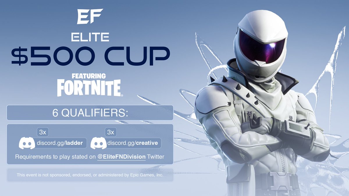 Elite $500 Cup! 💰 Requirements to play: - Follow @EliteFNDivision + @EliteFNCreative 📝 - Retweet + Like ♻️ - @ 2 Friends below 👥 Join discord.gg/ladder and send proof of completing the above requirements to be granted the role! 💸