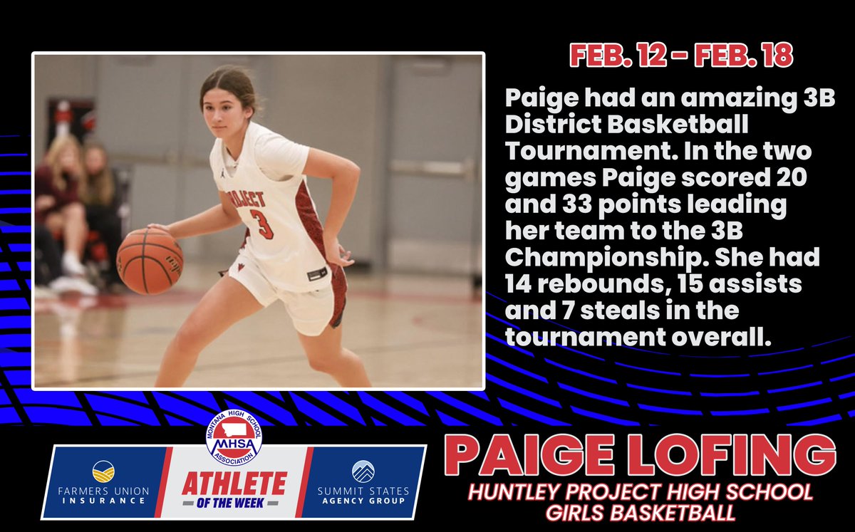 Summit States Agency Group, Farmers Union Insurance and the MHSA congratulate Paige Lofing of Huntley Project High School for being named MHSA's Athlete of the Week presented by Summit States Agency Group, Farmers Union Insurance.

Visit mhsa.org/athleteofthewe… to nominate.