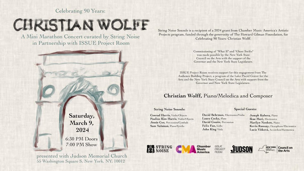 Coming Soon... Saturday, March 9th at 7pm, ISSUE & @StringNoise celebrates legendary pianist and composer Christian Wolff's 90th birthday at @judsonchurchnyc. Tickets & more info: issueprojectroom.org/events 🎂