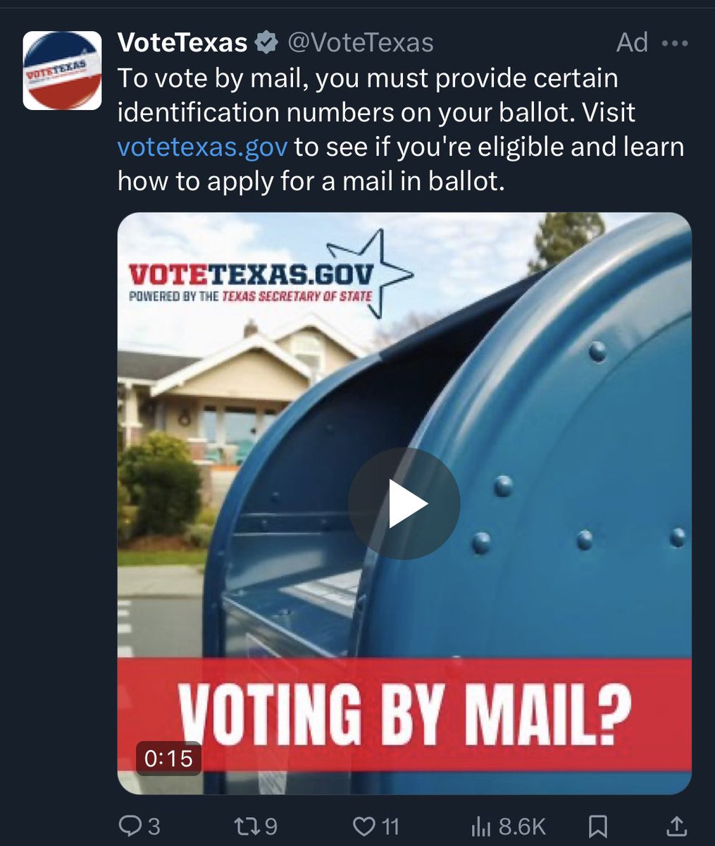 @VoteTexas Why are most (all?) of your ads “vote by mail” or “how to vote without an ID?” @GregAbbott_TX #electionfraud #GovtCorruption