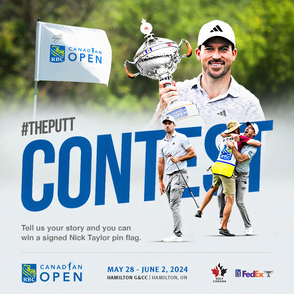 RBCCanadianOpen's tweet photo. 🚨 GIVEAWAY 🚨
 
We want to know how you celebrated when Nick Taylor sunk his incredible 72-foot putt at Oakdale Golf &amp; Country Club! Share your story through the link below for a chance to win an RBC Canadian Open pin flag signed by Nick Taylor.  #ThePutt
https://t.co/PwCwFrNREK https://t.co/2NICtxlbAz