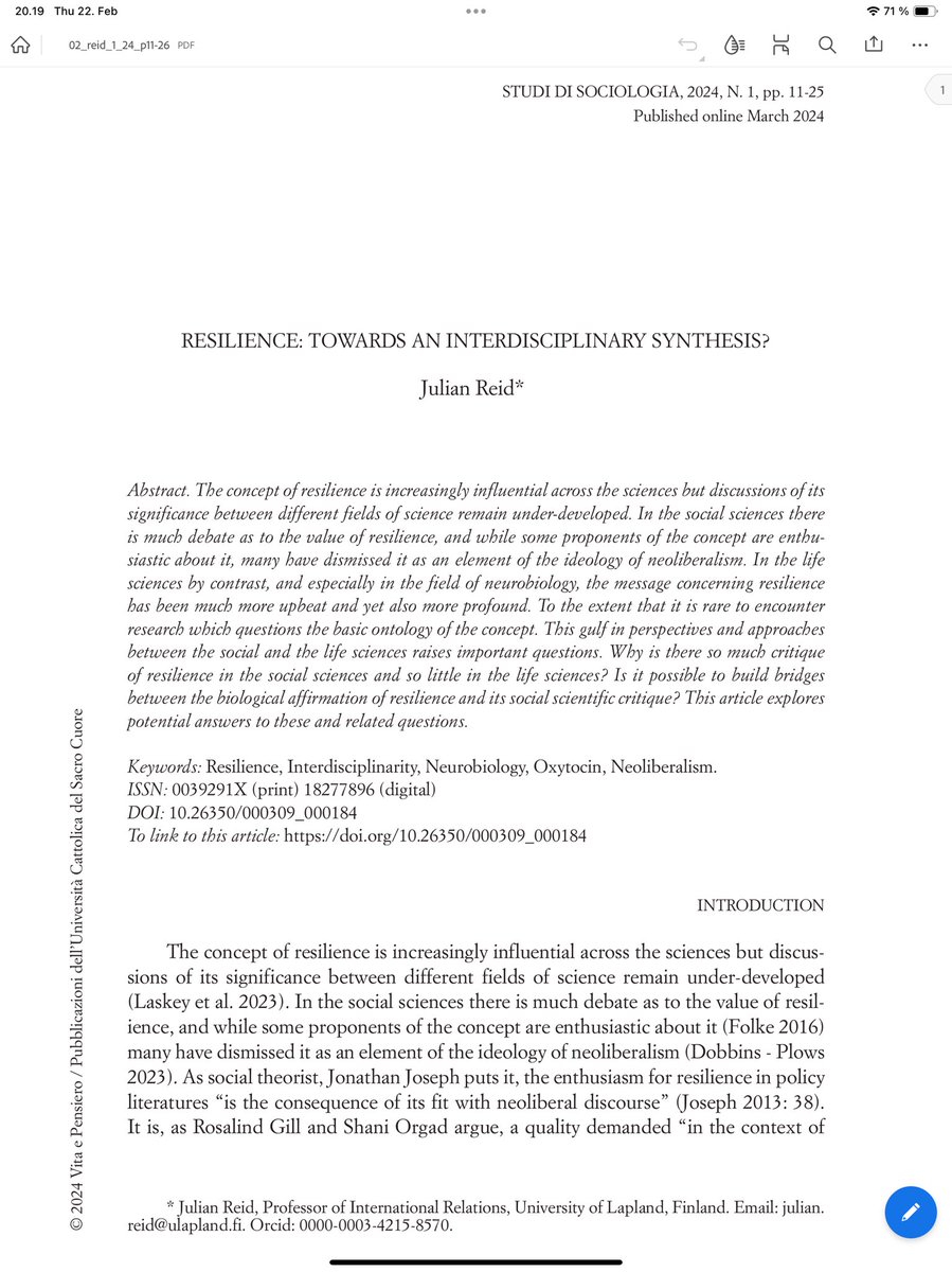 Resilience: Towards an Interdisciplinary Synthesis? Julian Reid studisociologia.vitaepensiero.com/scheda-articol…