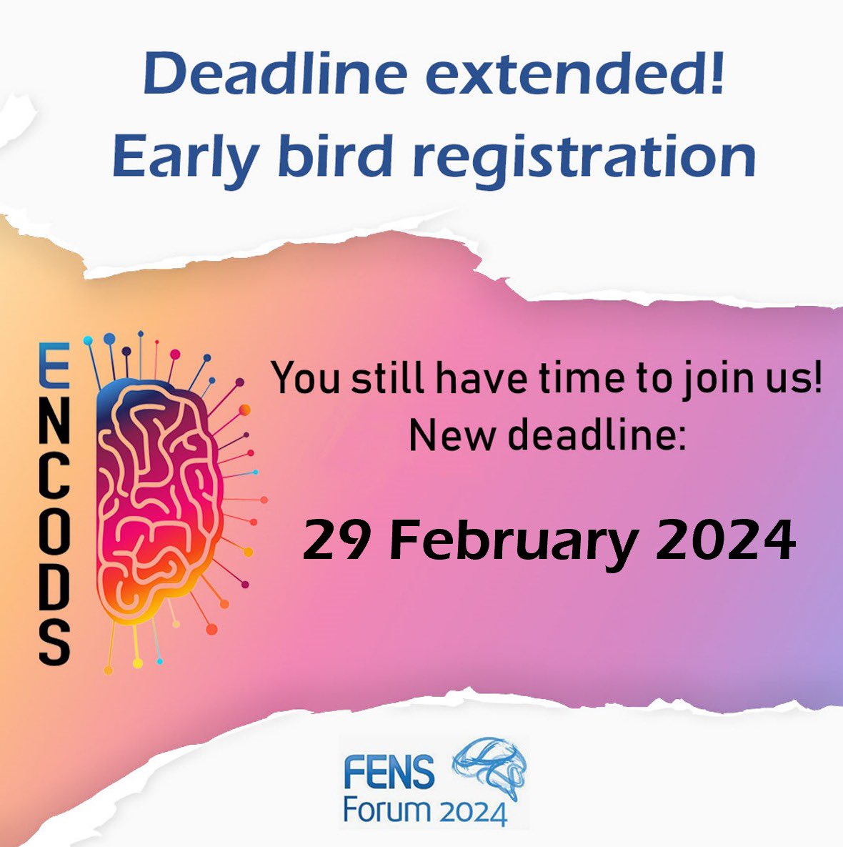 🚨 Attention PhD students in neuroscience! The early bird registration deadline for ENCODS 2024 has been extended until 29 February 2024! Don’t miss out on discounted rates. Secure your spot now! 🧠🐦 #ENCODS2024 #conference #EarlyBirdDeadline #fens2024 #phdstudent @FENSorg