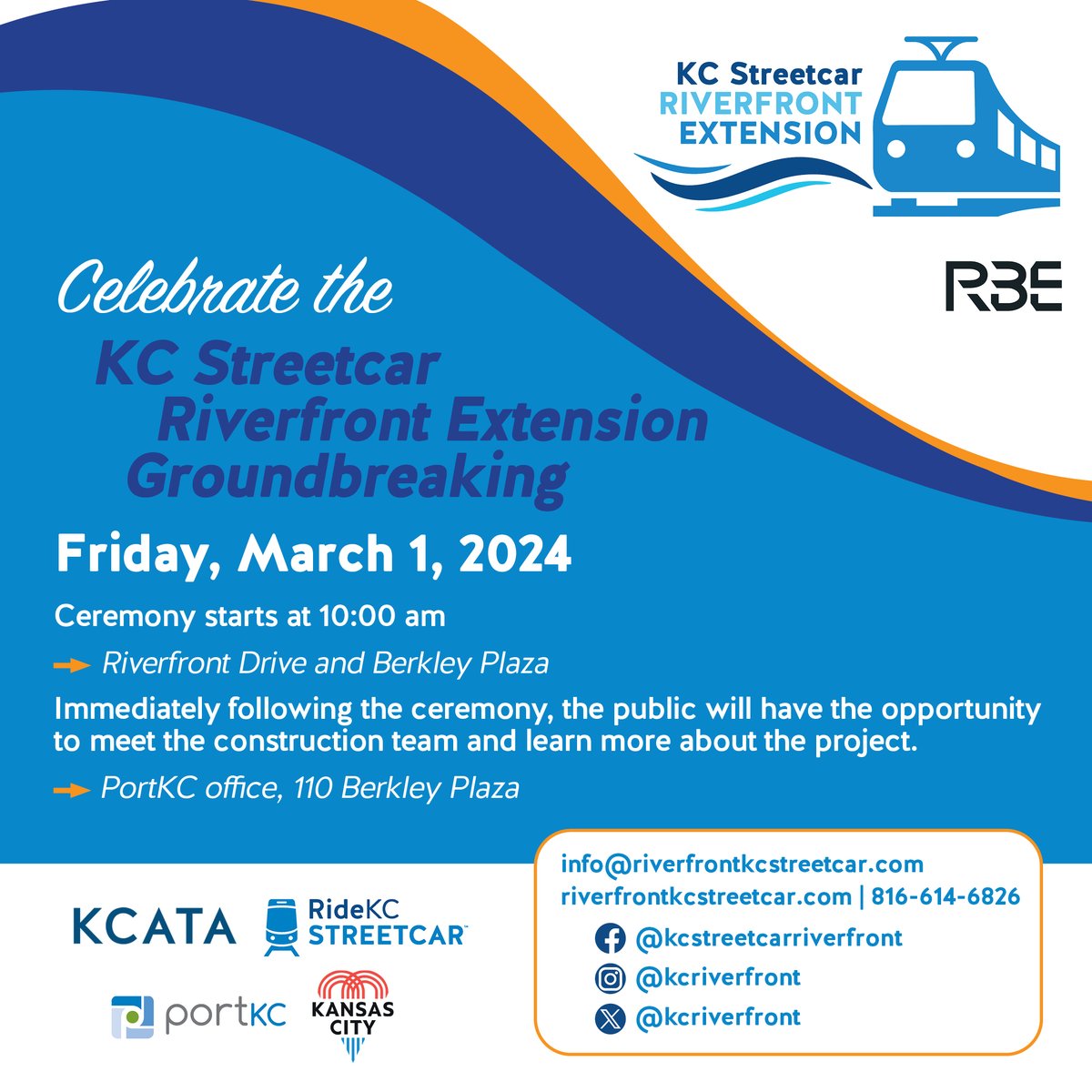 Exciting things are happening on the Riverfront 🌊and now we can add the #kcstreetcar to that list! 

Join the project team at the Riverfront Extension Groundbreaking, Fri, March 1 @ 10am. 

ℹ️kcstreetcar.org/riverfront-gro…

#rollingtotheriver