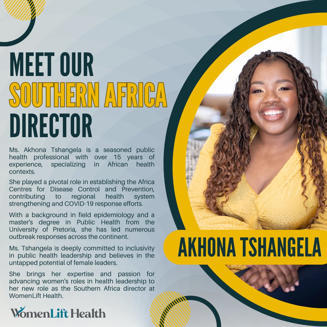 Excited to announce the appointment of @AkhonaTshangela as our new Southern Africa Director at @womenlifthealth, effective March 4.

Her vision, leadership, and experience will serve women leaders and health institutions in Southern Africa and around the world.