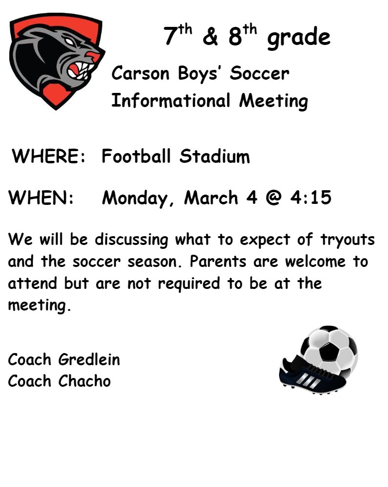 carsonjrhigh's tweet photo. 7th and 8th Grade Boys' Soccer Information https://t.co/ieRRZDiqyD