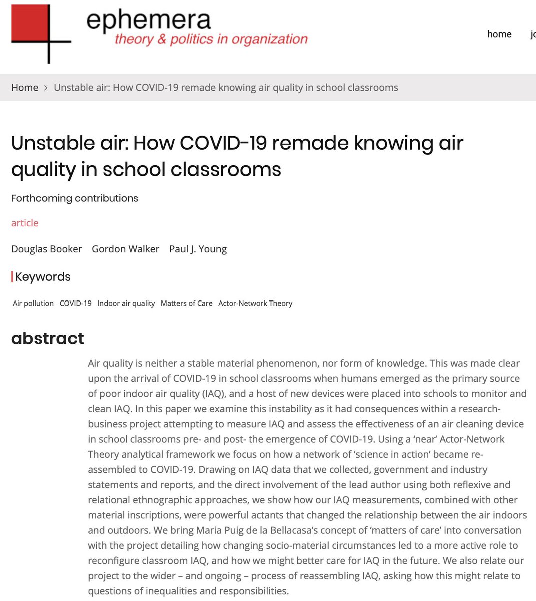 New paper (w/ @profgpw & @pjyng) now published in @EphemeraJournal! We combine school indoor air quality (IAQ) data & social theory to see how COVID-19 changed the meaning of IAQ, before looking at potential future air inequalities. ephemerajournal.org/contribution/u…