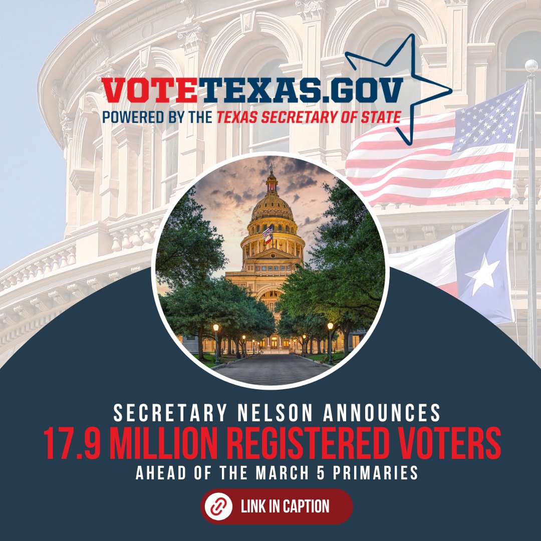 This week Texas Secretary of State Jane Nelson announced that Texas has nearly 18 million registered voters ahead of the March 5 primaries! Read the full press release here: rb.gy/sxjpzv