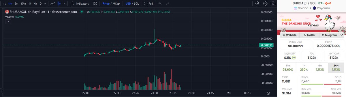 Less then 2 hours and we crossed over 1M in volume 🦆

Shuba going to trend on whole sol platform. Quack Quack 🦆 

So far we have achieved these targets
🟩 Trending on Buybot &amp; dexscreer
🟩 1M+ volume in less than 2 hours 
🟩 Social updates
🟩 KOLs

And this is just beginning 🦆