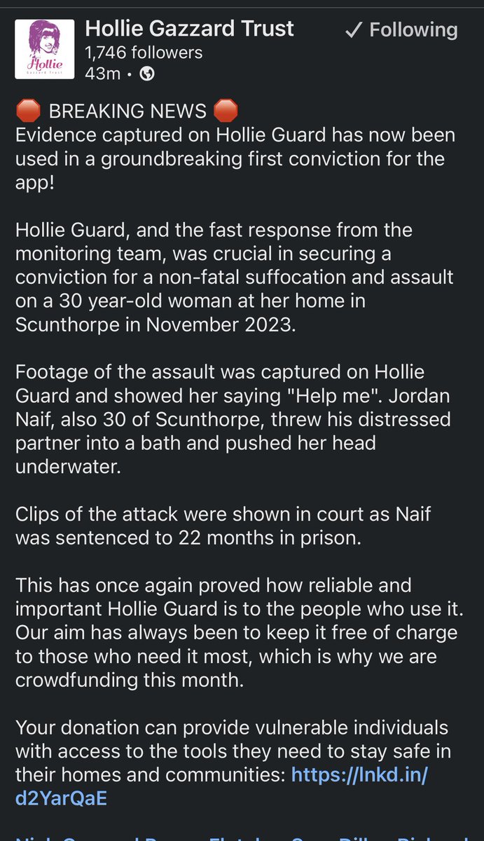 It’s wonderful to hear that @HollieGazzardT groundbreaking app Hollieguard has been central in providing evidence in a case that led to a conviction. Check out the trust and the app!