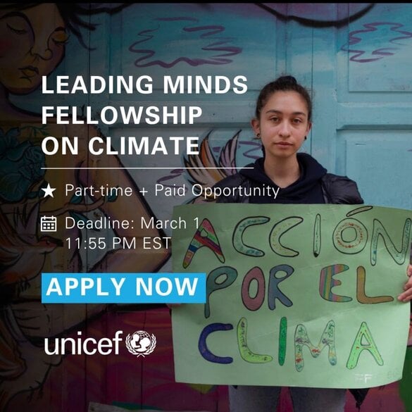 UNICEF is seeking students aged 15 to 25 to join their 'Leading Minds Fellows on Climate' program. Selected fellows will receive a stipend throughout the 6-month fellowship and also travel to Italy between May and June 2024 with all costs paid by UNICEF. 🌐tinyurl.com/2h2wyk3w