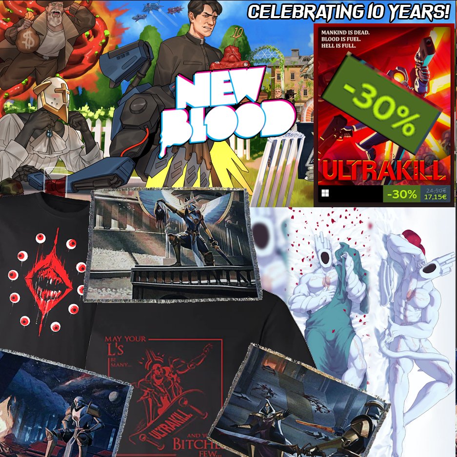 ULTRAKILLGame's tweet photo. We're celebrating 10 YEARS of NEW BLOOD! So we're having a big sale! https://t.co/4H6A9hU7Y1