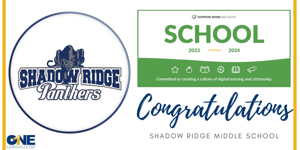 🎉Congratulations🎉 <a href="/ShadowRidgeMS/">Shadow Ridge MS</a> staff for renewing your <a href="/CommonSenseEd/">Common Sense Education</a> School Recognition! We appreciate all that you do for your staff, students and community! <a href="/LoriLitchfield/">Lori Litchfield</a> <a href="/ChantellUpshaw/">Chantell Upshaw</a> <a href="/LewisvilleISD/">Lewisville ISD</a> #DigitalLISD #LISDLib #oneLISD