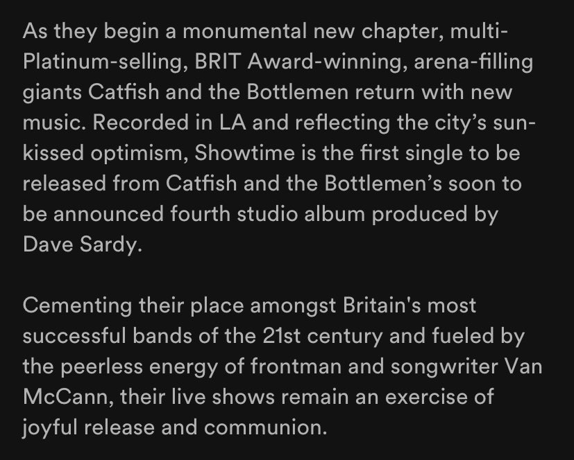 "showtime is the first single to be released from catfish and the bottlemen's soon to be announced fourth studio album produced by dave sardy"