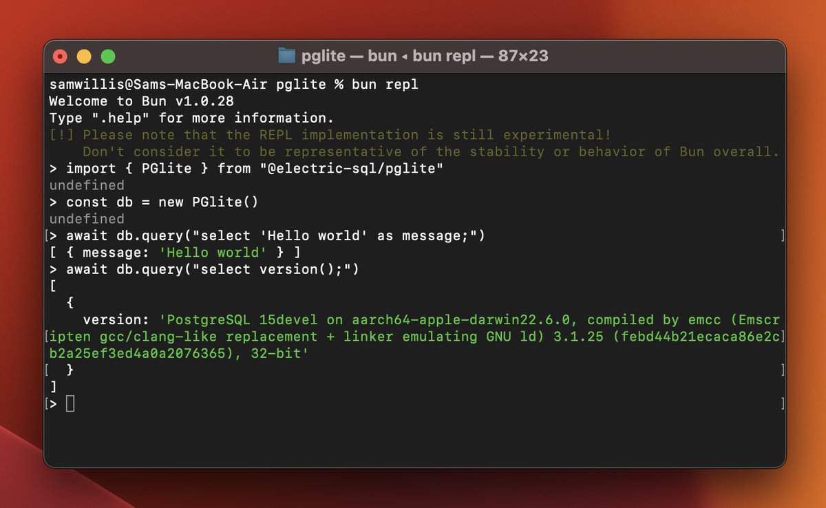 ElectricSQL (@electricsql) on Twitter photo Hey <a href="/jarredsumner/">Jarred Sumner</a> & <a href="/nikitabase/">Nikita | Scaling Postgres</a>, got it working!
PGlite, WASM Postgres running in the browser, Bun and Node. Only 3.7mb gzipped. 🤯
In-memory or persisted to the filesystem with Bun/Node and IndexedDB in the browser. 🚀
github.com/electric-sql/p…
x.com/jarredsumner/s… Hey <a href="/jarredsumner/">Jarred Sumner</a> & <a href="/nikitabase/">Nikita | Scaling Postgres</a>, got it working!
PGlite, WASM Postgres running in the browser, Bun and Node. Only 3.7mb gzipped. 🤯
In-memory or persisted to the filesystem with Bun/Node and IndexedDB in the browser. 🚀
github.com/electric-sql/p…
x.com/jarredsumner/s…