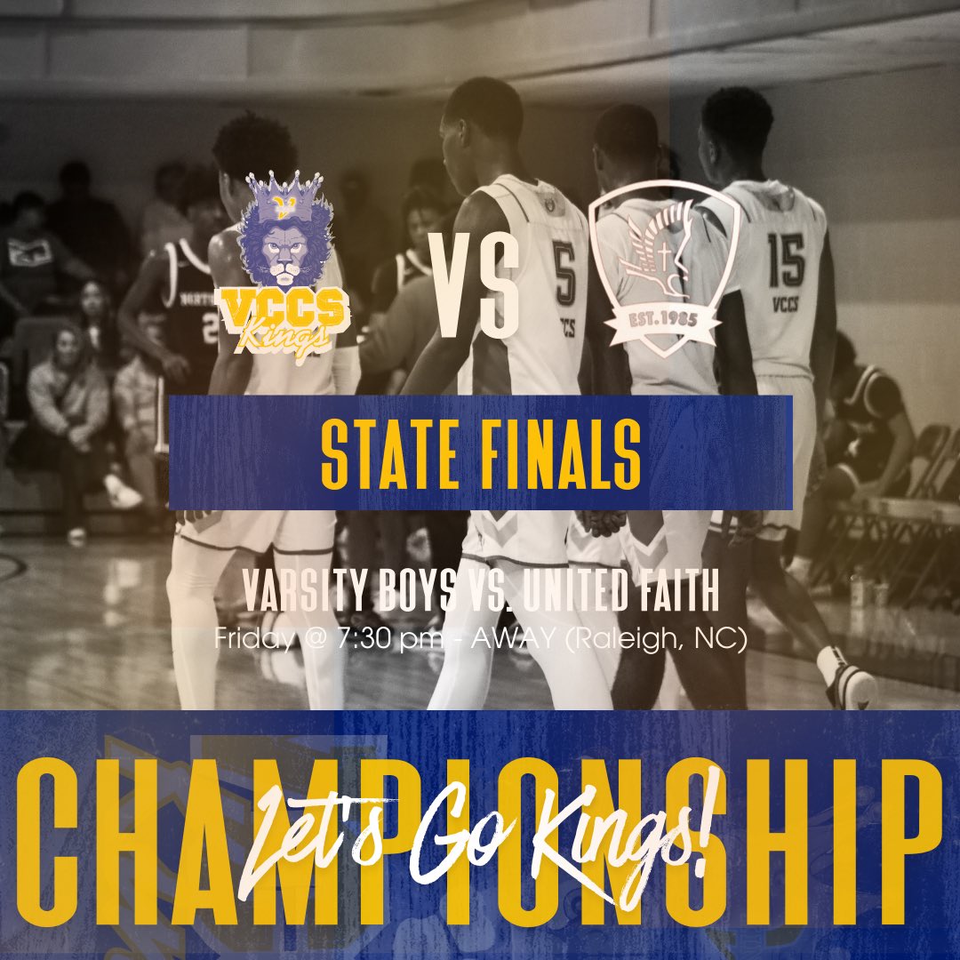 Friday, February 23rd, at Ravensctoft School, 7409 Falls of Neuse Road, Raleigh, NC 27615, as VCCS Varsity Boys compete in the NCISAA 1A State Championship at 7:30pm against United Faith Christian. Let’s fill the stands and rally for victory! 🏀🔥 #StateChampionshipBound #2024