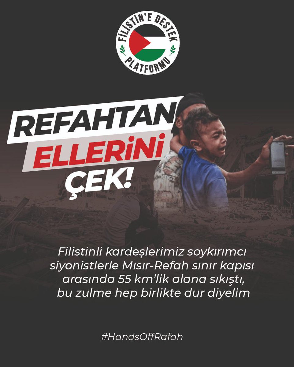 Filistinli kardeşlerimiz soykırımcı siyonistlerle Mısır Refah sınır kapısı arasında 55 km’lik alana sıkıştı, bu zulme hep birlikte dur diyelim

#HandsOffRafah 
#RefahtanElleriniÇek