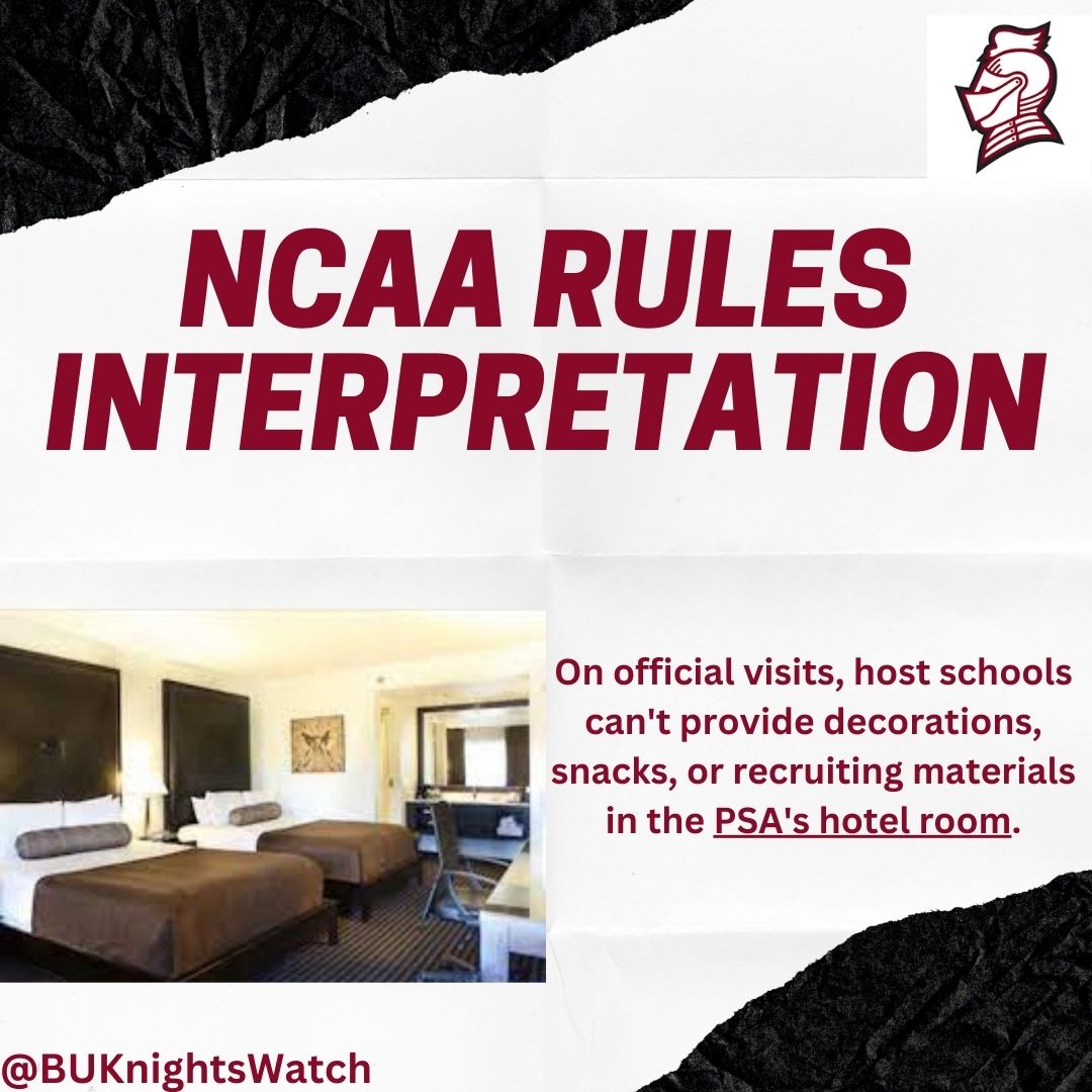 🚨 NCAA Update 🚨 The NCAA Division I Interpretations Committee clarified rules on decorating prospective student-athlete hotel rooms during official visits. No items allowed! This change includes snacks, drinks, &amp; recruiting materials.