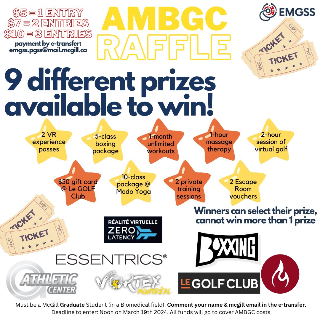 📣 McGill Grad students, enter EMGSS' Raffle aimed at promoting health and wellness in our community with various prizes like Yoga Classes, Virtual Golf Sessions, Functional Workout Classes!