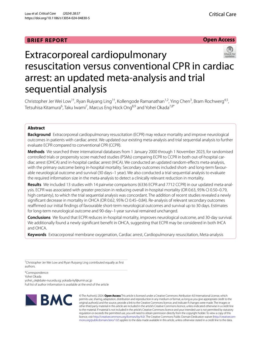 Extracorporeal cardiopulmonary resuscitation versus conventional CPR in cardiac arrest: an updated meta-analysis and trial sequential analysis ccforum.biomedcentral.com/counter/pdf/10…