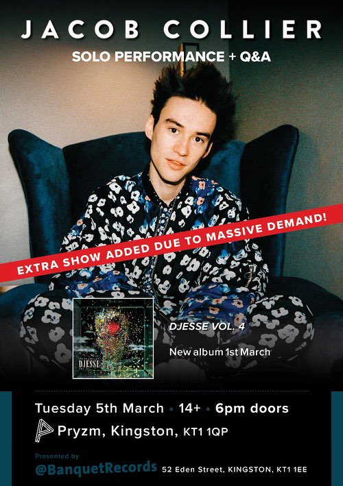 See @jacobcollier performing live on Tuesday 5th March 2024, with a special Q&A at @pryzm_kingston @BanquRecords Get your tickets now at banquetrecords.com/jacob-collier/…