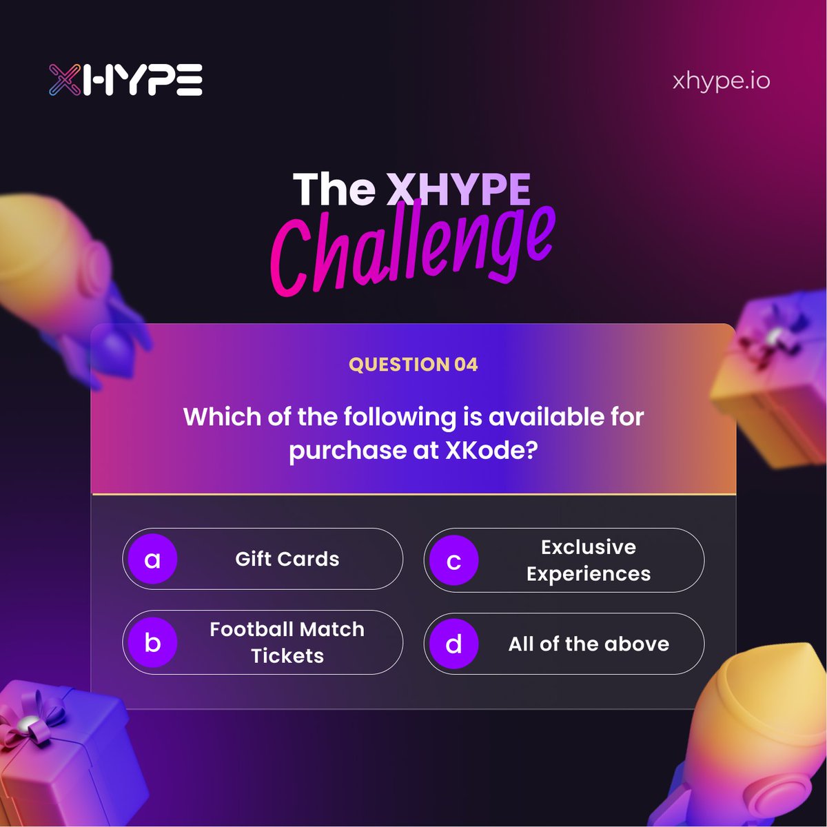 xhypeofficial's tweet image. 🔹 Question 4 of 10 🔹 

Next question of The #XHYPE Challenge is here!

Like and retweet this tweet, then answer the question correctly in the comments below.   

Get a step closer to be a lucky winner!  
🎁 Reward pool: $2000 in $XHP 
🏆 20 Winners