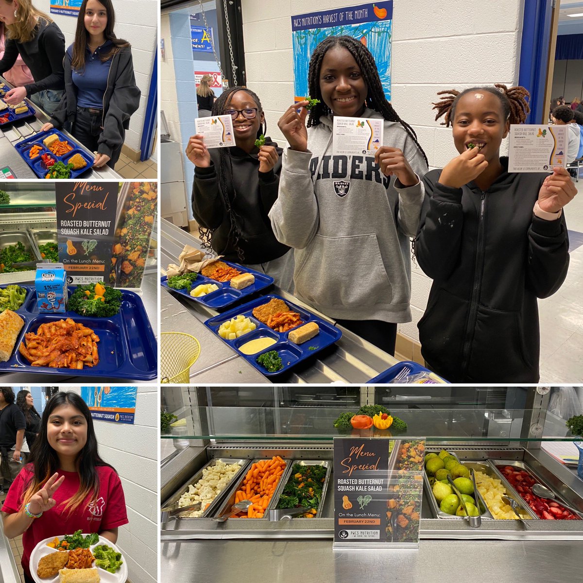 Our #HarvestOfTheMonth Roasted Butternut Squash Kale Salad was on the Middle School menu today! Students at @SaundersPWCS enjoyed trying this colorful new salad! #ButternutSquash #SchoolLunch #ThinkLocalThursdays #NoKidHungry