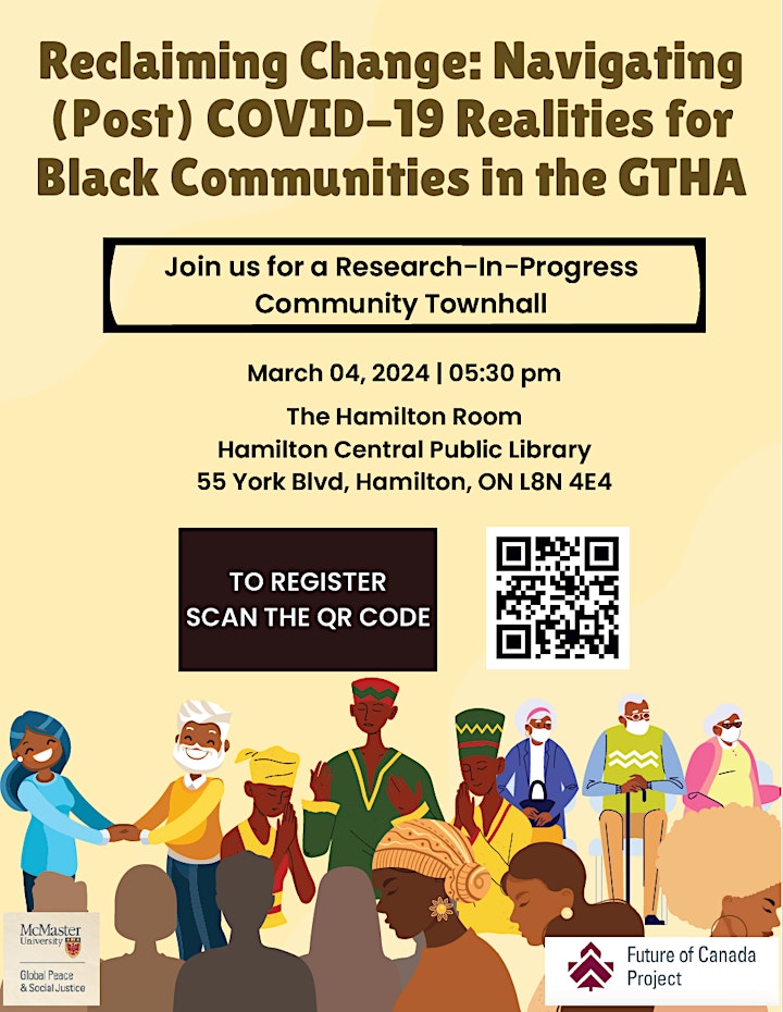 Everyone is welcome to join an insightful discussion led by the research team at McMaster University's Centre for Peace Studies on the (post) COVID-19 challenges and opportunities facing Black communities in the GTHA. You can reserve a spot here - tinyurl.com/ywaan9fz.