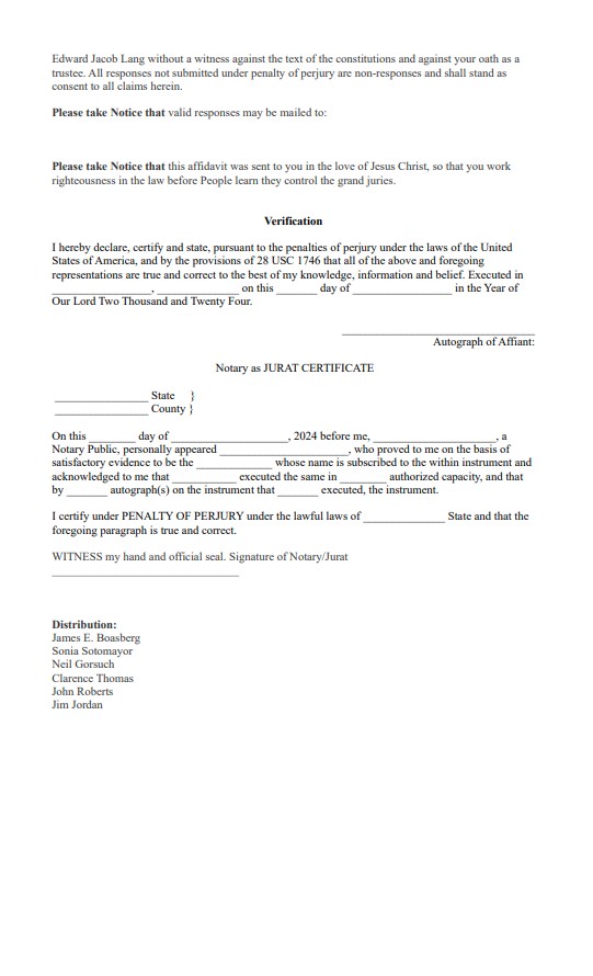 JarrinJackson's tweet photo. The "Jake Lang" Affidavit - @jakelang 

The constitutions require all criminal prosecutions have a witness. In the historical usage of the word 'witness', the witness must be present to observe a thing. Jake, a J6er, is in federal prison because the government is using an agent, who was not present on 1/6/21, to attack Jake's constitutional due process rights (there's lots of other things). Literally no attorney has argued this. This is an opportunity for People to instruct government of the law and demand righteous government.

Stream explaining - https://t.co/84Chu686gR

Share with a J6er, their family/friends/etc. Much money has been raised/wasted on dumb attorneys who have never gotten any remedy. Here, by God, is an opportunity to assert rights in law and use the fundamental law to restore one man's liberty.

And then, Lord willing, we'll move and liberate the rest.

God gets the glory. Americans will see that His wisdom reins supreme and that the law stands against corruption.

Affidavit attached as images: